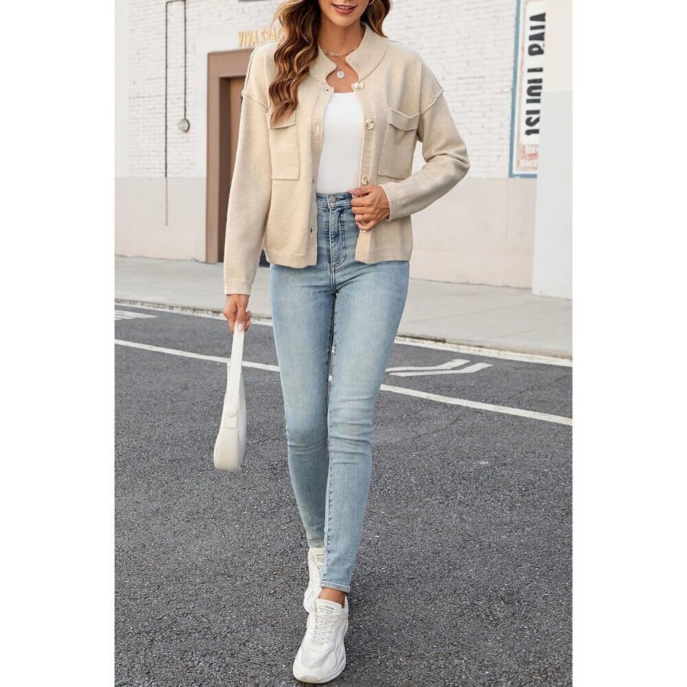 Women's Cotton Blend Cropped Cardigan Long Sleeve Button Front Knit Outwear - Picture 6 of 6